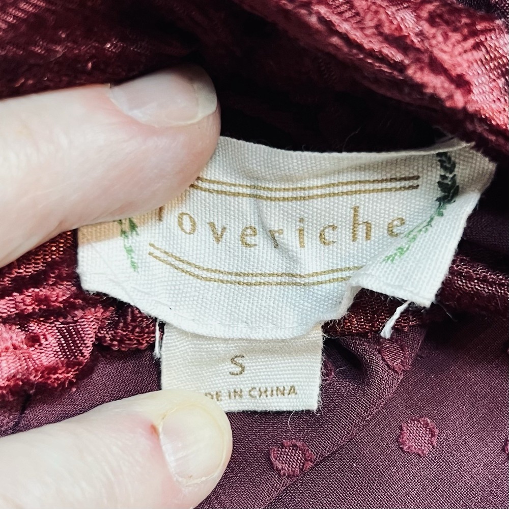 Loveriche Womens Sm‎ Burgundy Burnout Velvet Blouse Sheer Swiss Dot Sleeve EUC - Picture 5 of 7